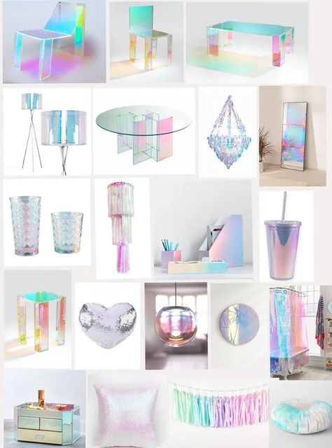 Holographic Decorations Parties, Irridescent Furniture, Iridescent Office Decor, Holographic Room Decor, Iridescent Home Decor, Iridescent Room Decor, Plexi Glass Ideas, Iridescent Office, Irredescent Aesthetic