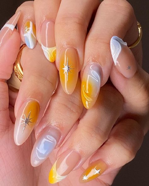 Blue And Orange Nails Designs, Yellow Blue Nails, Blue Orange Nails, Blue Yellow Nails, Yellow And Orange Nails, Yellow And Blue Nails, Orange And Blue Nails, Blue And Yellow Nails, Hard Gel Nails