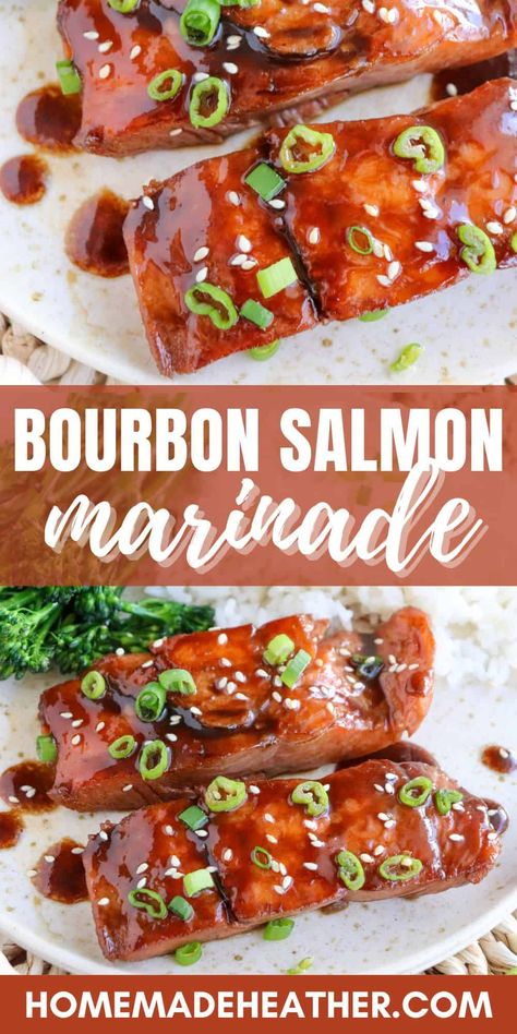 Savor the rich flavor of salmon glazed in brown sugar & bourbon. This easy bourbon salmon marinade creates a simple yet luxurious dish! Salmon Marinade Recipes, Bourbon Salmon, Bourbon Glazed Salmon, Brown Sugar Salmon, Crusted Salmon Recipes, Herb Crusted Salmon, Salmon Marinade, Barbeque Recipes, Baked Salmon Recipes