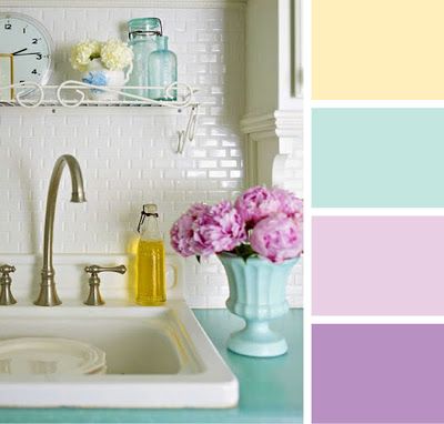 Lizzie Jones April Color Play: Lemon Tart, Aqua Mist, Lavendar Moon, Plum Pudding Purple Girls Room, Trendy Kitchen Colors, Bedroom Sanctuary, Colour Pallets, Purple Girl, Purple Bedroom, Plum Pudding, Kitchen Colour Schemes, Yellow Bedroom