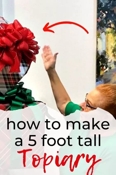 Learn how to make a homemade tall Christmas topiary for front door for cheap. Step by step easy DIY Christmas Topiary instructions. Check out this beautiful Christmas decorating idea for your front porch, front door or deck. #christmastopiary #diytopiary Christmas Ornament Topiary Diy, Diy Christmas Topiary, Decor Hacks Diy, Porch Front Door, Christmas Topiary, Paint Stir Sticks, Dollar Store Christmas Crafts, Christmas Crafts Diy Projects, White Garland