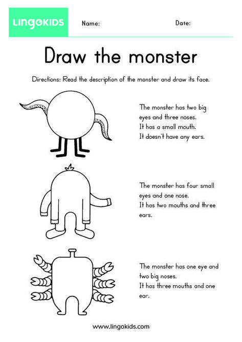 Fun English Activities For Kids, Monster Worksheet, Draw Your Monster, Body Parts Worksheet, Draw A Monster, Body Parts For Kids, Teach English To Kids, Materi Bahasa Inggris, English Teaching Materials