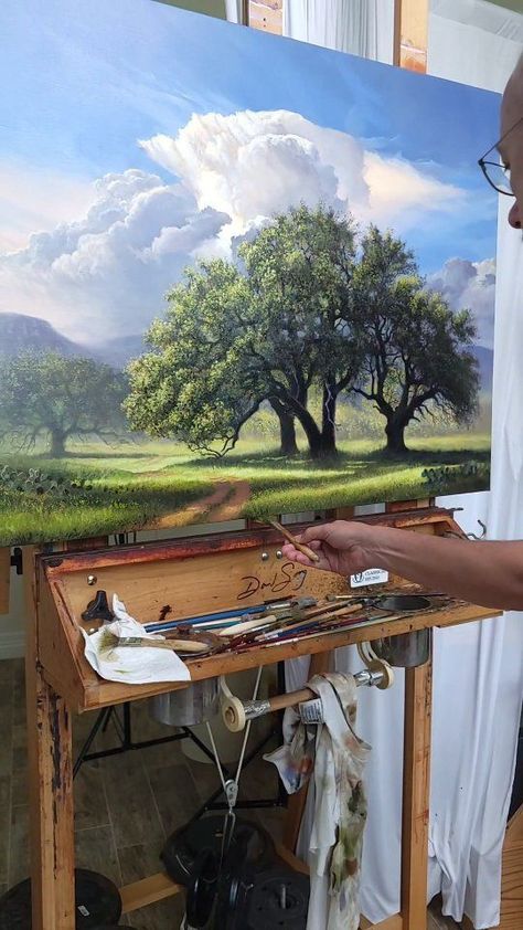 Nature Paintings Aesthetic, Dramatic Landscape Painting, Huge Canvas Painting Ideas, Hill Painting, Tree Acrylic Painting, Nature Oil Painting, Dramatic Clouds, Friday Music, Wal Art