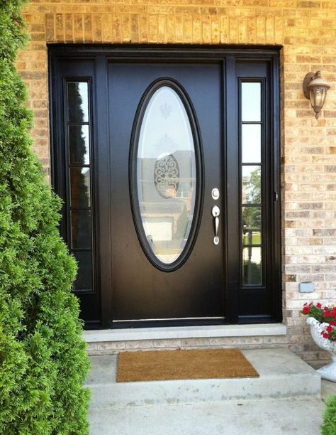 A Black Door with a Large Oval Window is what I would like for REDROC RANCH Black Front Door Oval Window, Oval Glass Door, Front Door Oval Glass Window, Front Door With Oval Glass Window, Front Door With Oval Window, Oval Glass Front Door, Front Door Images, Black Exterior Doors, Door Window Covering