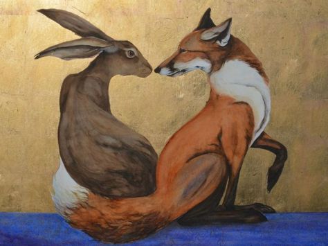 "The Space Between the Hare and the Fox," is a watercolour painting (with gold leaf) by Jackie Morris. Fox And Bunny, Jackie Morris, Hare Art, Art Fox, Temple Decor, Fox And Rabbit, Fox Illustration, Fox Tattoo, Gold Leaf Painting