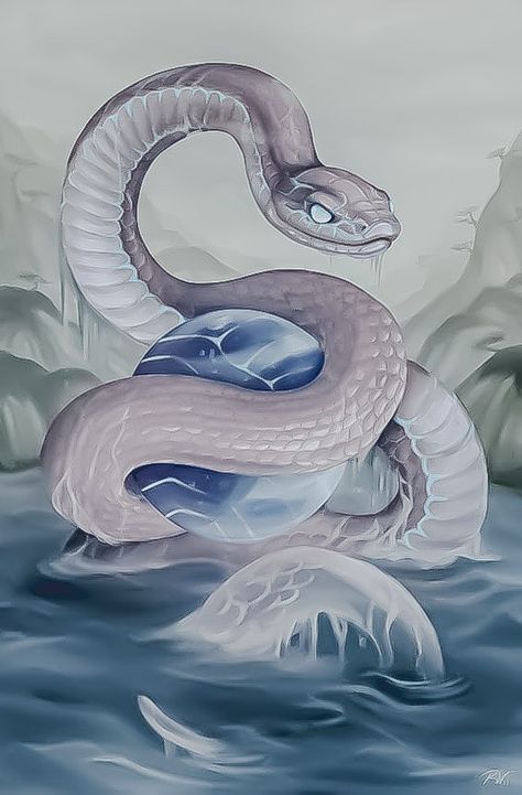 Giant White Snake Fantasy Art, Water Snake Art, World Serpent Art, White Snake Drawing, Snake Art Painting, Fantasy Snake Art, Snake Concept Art, White Snake Art, Snake In Water