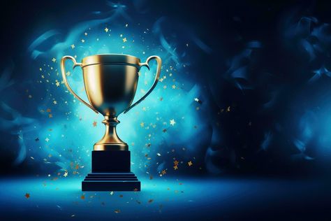 Generative AI, Winner trophy with flames, blue golden champion cup with falling confetti on blue background. Golden Blue Background, Trophy Background, Winner Trophy, Autumn Confetti, Yearbook Themes, 25th Anniversary, Yearbook, Blue Background, Blue Backgrounds