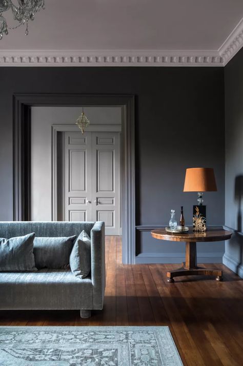 How to paint rooms different colors when the rooms run together | Livingetc Dark Wood Floors Living Room, Grey Walls Living Room, Grey Ceiling, Living Room Wood Floor, Wallpaper Store, Grey Wood Floors, Luxury Paints, Paint And Paper Library, Wallpaper Stores