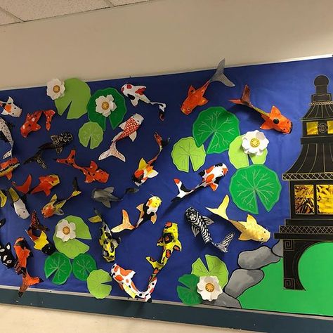 @rujet2 1 year ago “The legend of the koi fish says, that if the koi fish swims up the waterfall, it will one day become a dragon”. Koi fish board. #grade4 /5 #paperkoi #koi #koifishpond #classroomboards Koi Fish Art Project, Koi Fish Decoration, Chinese New Year Class Decoration, Koi Fish Craft, Dragon Koi Fish, Fish Board, Kindergarten Art Lessons, 8th Grade Art, Chinese Crafts