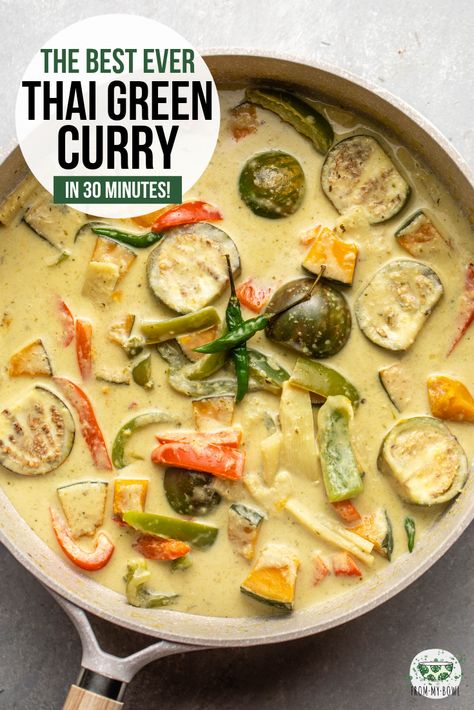 This Vegan Thai Green Curry is simply the best! Fresh, crispy veggies simmer in a rich and fragrant broth to create this spicy and satisfying dish. #greencurry #thaicurry #vegancurry #plantbased #oilfree | frommybowl.com Thai Green Curry Recipe, Crispy Veggies, Vegan Thai Curry, Vegan Thai Green Curry, Thai Curry Recipes, Green Curry Recipes, Thai Green Curry, Vegan Curry, Curry Dishes