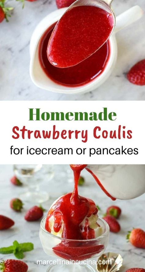 Desserts Pancakes, Strawberry Coulis Recipe, Strawberry Coulis, Fruity Breakfast, Coulis Recipe, Ice Cream Sauce, Cream Pancakes, Homemade Strawberry Sauce, Chocolate Yogurt