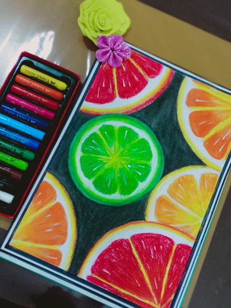 Ajna Joy Citrus Fruits Drawing, Fruits Oil Pastel, Citrus Fruit Drawing, Pastel Fruit Drawing, Oil Pastel Fruit Drawings, Oil Pastel Crayons Drawing, Oil Pastel Fruit, Citrus Drawing, Citrus Illustration