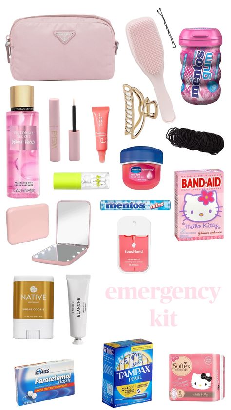 emergency kit #cleangirl #essentials #emergencykit #basic #organisedk 5th Grade Emergency Kit, Girl Emergency Kit, Camping Bag Essentials, Bag Essentials Everyday, Bag Necessities, Preppy Basics, Road Trip Bag, School Emergency Kit, School Backpack Essentials