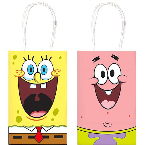 SpongeBob SquarePants Kraft Bags, 8ct | Party City Classic Spongebob, Spongebob Squarepants Party, Pastel Bob, Spongebob Movie, Spongebob Birthday Party, White Handles, سبونج بوب, Spongebob Party, Spongebob Birthday