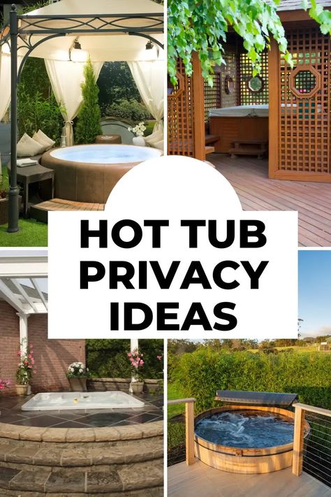 How To Hide A Hot Tub, Hot Tub Hideaway, Backyard Hot Tubs Ideas, Jacuzzi Privacy Ideas, Hot Tub Ideas Backyard Privacy Wall, Boho Hot Tub Area, Privacy Screen For Hot Tub, Hot Tub Wall Ideas, Hot Tub Pergola Ideas Privacy Walls