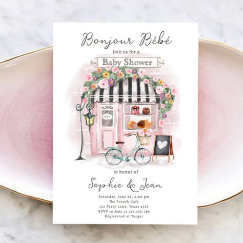 Bonjour Bebe Paris Parisian French Baby Shower Inv Invitation - Baby Shower Invitations French Market Baby Shower Theme, Parisian Baby Showers, Watercolor Paris, French Baby Shower, Cafe Theme, Paris Tea, Bebe Shower, French Baby, Baby Shower Tea