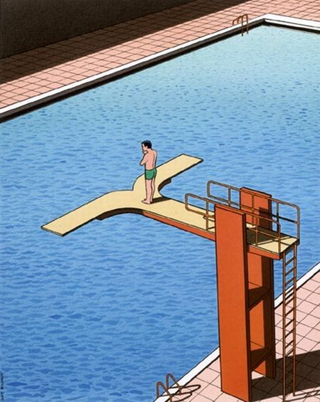 Guy Billout Diving Board Illustration, Diving Board Drawing, Jumping Illustration, Jumping In The Pool, Guy Billout, Illustration Design Graphique, Interesting Drawings, Sketch Note, Milton Glaser