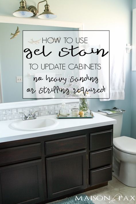 How to use gel stain: maintain wood grain and update a bathroom with orange oak into a modern, sleek space with no stripping or sanding! #diy #bathroomideas Updating Cabinets, Gel Staining Cabinets, Bathroom Cabinet Makeover, Vanity Makeover, Dark Wood Furniture, Update Cabinets, Staining Cabinets, Wood Kitchen Cabinets, Cabinet Makeover