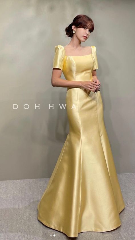 Satin Filipiniana, Satin Frock Design, Gaun Satin Dresses, Satin Frocks For Women, Farewell Outfits, Summer Frocks, Modern Filipiniana Dress, Frock Models, Debutante Dresses