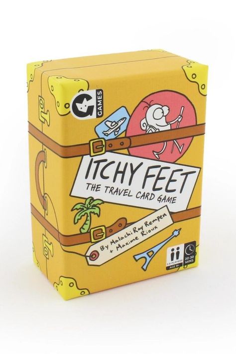 Itchy Feet Itchy Feet Game - Madison and Mallory Foot Games, Ginger Fox, Playing Card Box, Action Cards, Event Card, Travel Cards, Box Packaging Design, Travel Games, Creative Packaging Design