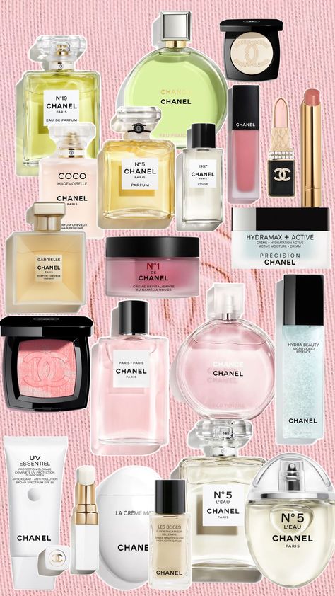 A curated selection of iconic Chanel beauty and fragrance products. This collection features timeless perfumes like Chanel N°5, Coco Mademoiselle, and Chance, alongside skincare essentials such as Hydra Beauty and La Crème Main. Makeup highlights include Les Beiges and a soft pink blush. This combination of luxury perfumes, skincare, and makeup embodies Chanel's signature elegance and sophistication. Coco Chanel Perfume, Chanel N5, Chanel 5, Chanel N 5, Chanel Fragrance, Coco Chanel Mademoiselle, Parfum Chanel, Chanel N° 5, Lil Black Dress