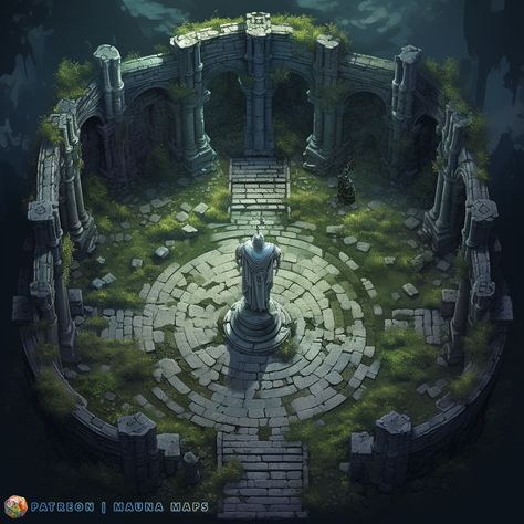 DnD tabletop map of a stone courtyard, overgrown, with a statue in the center Tiny Castle, Vfx Tutorial, Dnd World Map, Ruined City, Temple Ruins, Fantasy World Map, Map Projects, Dungeons And Dragons Classes, Tabletop Rpg Maps