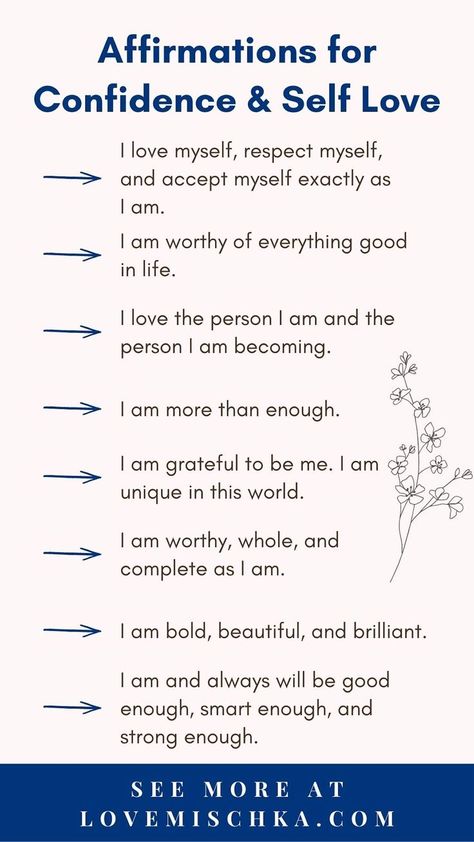 A list of positive affirmations for confidence and self love that includes, "I love myself, respect myself, and accept myself exactly as I am.", "I am worthy of everything good in life.", "I love the person I am and the person I am becoming.", and more. Stop Negative Self Talk, Subconscious Beliefs, Emotion Code, Daily Intentions, Self Esteem Affirmations, Affirmations For Confidence, Increase Happiness, Self Belief, Love Yourself More