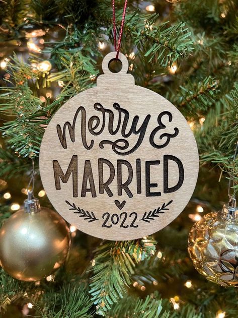 Celebrate newlywed bliss with charming just married ornaments, designed to capture the joy of your first Christmas together! First Christmas Married Ornament Cricut, Just Married Ornaments Diy, Merry And Married Ornament, First Christmas Married Ornament Diy, 1st Christmas Married Ornament, First Year Married Ornament, Newlywed Ornament, Merry And Married, Engaged Christmas Ornament