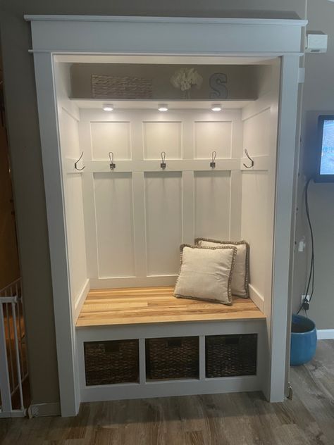 Closet Entryway Bench, Closet Front Door Ideas, Closet Front Door, Closet Turned To Bench, Built In Entry Closet Ideas, Coat Closet With Hooks And Shoe Storage, Closet Remodel Entryway, Entryway Bench In Closet, Front Foyer Closet Ideas