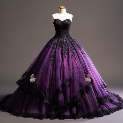 Purple And Black Ball Gown, Black And Purple Quinceanera Dresses, Purple Ballgown Dress, Purple Royal Dress, Purple Reception Dress, Dark Purple Dress Formal, Dark Purple Ball Gown, Dark Purple Quinceanera Dresses, Purple Ball Dresses