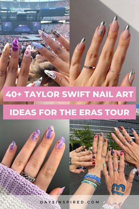 The Eras Tour is the perfect opportunity to celebrate Taylor’s iconic discography and showcase your love for her music. And what better way to make a stylish statement than with Taylor Swift-inspired nail designs that capture the essence of each era? From the enchanting whimsy of “Lover” to the introspective depth of “Folklore,” we’ve curated a collection of over 40 nail designs that are guaranteed to elevate your Eras Tour experience. Taylor Swift Nail Art, Taylor Swift Nails, Concert Nails, Era Tour, Purple Nail Designs, Uk Tour, Easy Nails, Gray Nails, Winter Nail Art