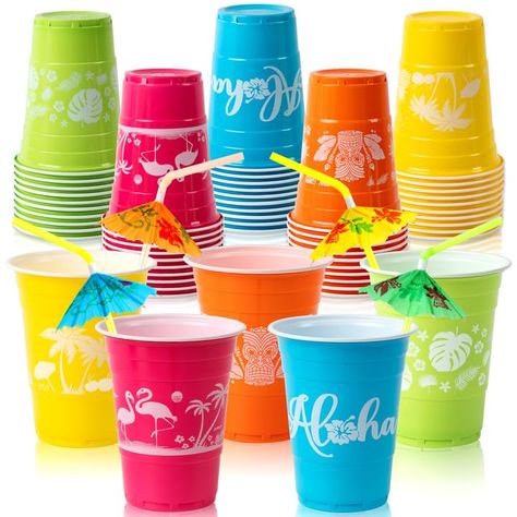 PRICES MAY VARY. Vibrant Variety: Dive into the tropical spirit with our Hawaiian party cups set featuring 5 vibrant colors – pink, green, blue, yellow, and orange. Each color boasts a unique design inspired by the island paradise, ensuring a colorful and festive atmosphere at your Luau party. Hold the PARASOLS: Adding one of these Cocktail Parasol straws is a must for any tropical island drink. No tropical luau party is complete without them, and with plenty to go around, all your guests can en Hawaiian Luau Party Decorations, Luau Decorations, Luau Baby Showers, Luau Party Decorations, Tropical Party Decorations, Hawaiian Party Decorations, Hawaiian Luau Party, Moana Birthday Party, Fiesta Tropical