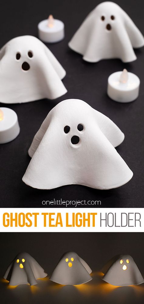 Ceramic Ghost Diy, Tea Light Halloween Craft, Ghost Tea Light Diy, Easy Candle Holders Diy, Diy Halloween Arts And Crafts, Fall Tea Light Crafts, Diy Crafts Autumn, Clay Ghosts Diy Tutorial, Halloween Modge Podge Crafts