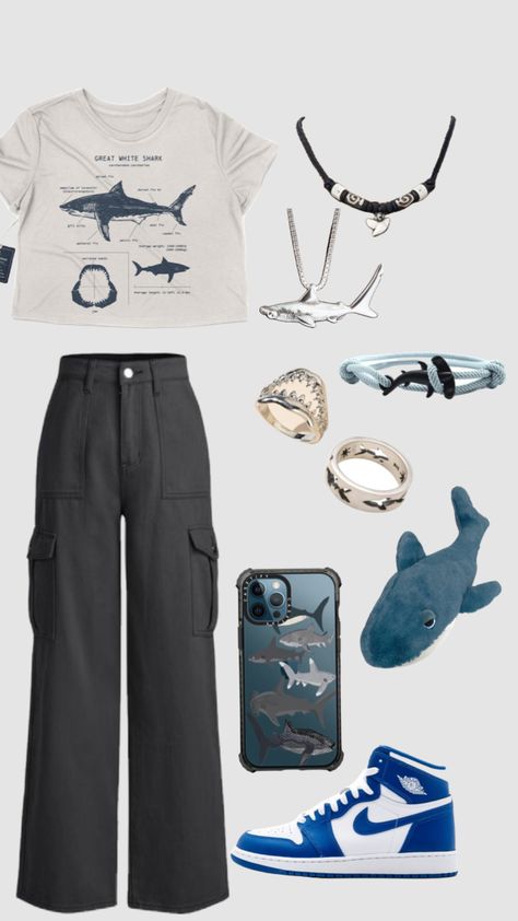 #outfitinspo Funky Core Outfits, Shark Themed Outfit Aesthetic, Shark Inspired Outfit, Shark Core Outfits, Ocean Core Outfits, Shark Themed Outfit, Shark Jacket Aesthetic, Sharkcore Outfits, Shark Shirt Aesthetic