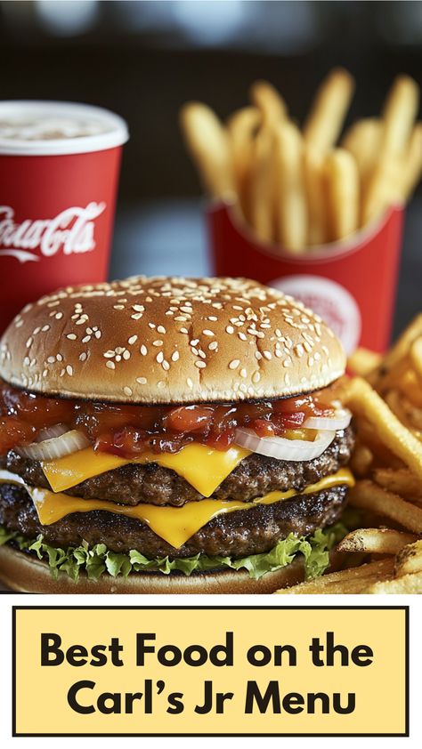 An image of popular Carl's Jr menu items, featuring a juicy burger with cheese and toppings, crispy fries, and a refreshing drink placed on a tray, showcasing the best food options at Carl's Jr. Carl’s Jr., Breaded Chicken Tenders, Carl's Jr, Bacon Cheeseburger, Breaded Chicken, Breakfast Options, Delicious Breakfast, Time Of Day, Milkshakes