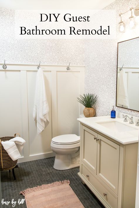 Bathroom Remodel with Wallpaper, Herringbone Floor, and Board and Batten Greige Vanity, Diy Guest Bathroom, Wallpaper Herringbone, Ikea Hemnes Hack, Vanity Diy, Bathroom Projects, Batten Wall, Guest Bathroom Remodel, Industrial Style Bathroom