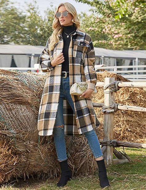 Women's Casual Lapel Button Down Long Plaid Shirt Coat Tartan Shacket Jacket Plaid Jacket Women, Plaid Coat, Woolen Coat, Plaid Jacket, Winter Coats Women, Wool Plaid, Long Coat, Wool Coat, Black And Tan