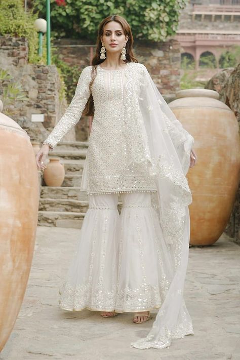 Ivory kurta with thread embroidered honeycomb motifs highlighted by sequins and pearls. Comes with gharara and dupatta. - Aza Fashions White Gharara Pakistani, Embroidered Honeycomb, White Gharara, Gharara Pakistani, White Sharara, Pakistani Sharara, Gharara Designs, White Bridesmaid, India Dress