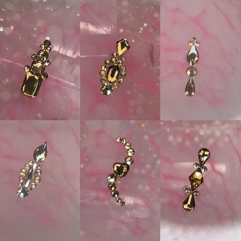 Bling Acrylic Nails Rhinestones Gold, Nail Stone Placement Ideas, Diamond Placement Nails, Charm Placement On Nails, How To Add Rhinestones To Nails, Gemstone Placement Nails, Gem Nails Short, Nails With Rhinestones And Charms, Rhinestone Nail Placement