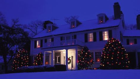 Blue, Winter, Window, Lighting, Event, Christmas decoration, Property, Home, House, Facade, American Foursquare House, Old Fashioned Christmas Lights, Foursquare House, Christmas Lights On House, Blue Christmas Lights, Red Christmas Lights, Four Square Homes, American Foursquare, Christmas Lights Outside