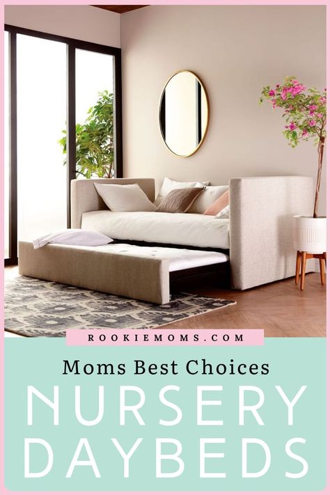 A nursery daybed can serve many important functions that you might not have thought of. From a convenient place to rest close to your baby to a comfortable bed for guests or babysitters to spend the night on, it will no doubt be put to good use! Below are the top reasons for having a daybed in your nursery and our 5 favorite options! #newmoms #nursery #daybeds Nursery Pull Out Couch, Day Bed For Nursery, Nursery With A Daybed, Nursery With Sleeper Sofa, Guest Room Ideas With Daybed, Daybed For Nursery, Futon In Nursery, Daybed In Nursery Layout, Day Bed Nursery Ideas