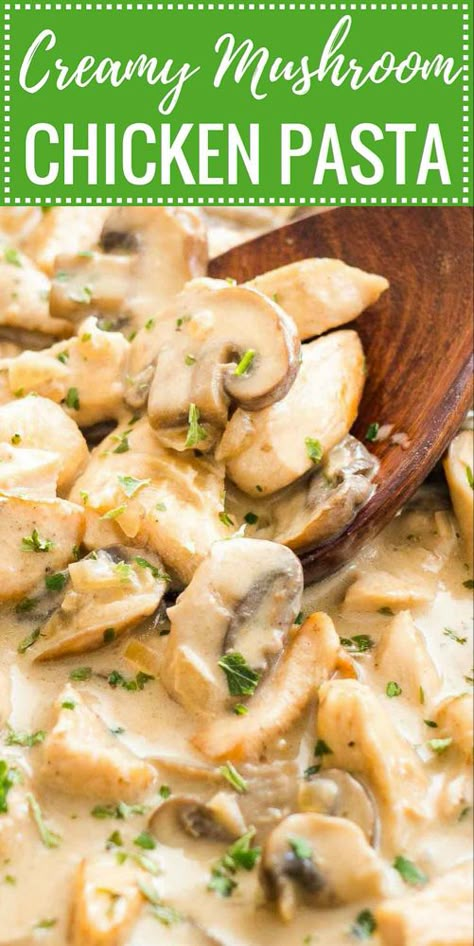 Creamy Mushroom Chicken Pasta is an easy weeknight meal that is ready in less than 30 minutes! A delicious, creamy white wine sauce loaded with mushrooms and tender chicken. Simple ingredients make this dish a budget-friendly weeknight dinner but it also makes a delicious meal for date nights. #chickenmushroompasta #weeknightdinner Creamy Chicken Mushroom Pasta, Pasta Mushroom, Chicken Mushroom Pasta, Creamy Mushroom Chicken, Mushroom Recipes Pasta, Crunchy Chicken, Chicken Mushroom Recipes, Creamy Mushroom Pasta, Creamy Chicken Pasta