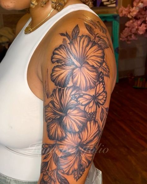 Jakiya Mason 🌹🎨 | Big Hibiscus Flowers 🌺 For her Floral Quarter sleeve, and other added pieces too Represent her Family 🫶🏽. Thank you for your Trust, Would… | Instagram Flower Sleeve Cover Up Tattoo, Cover Up Tattoos Inner Arm, Hibiscus Flower With Butterfly Tattoo, Hibiscus Flower Tattoos Black Women, Hibiscus Tattoo With Butterfly, Hibiscus Arm Tattoos For Women, Mixed Flowers Tattoo, Hibiscus Shoulder Tattoos For Women, Hibiscus Tattoo Black Women