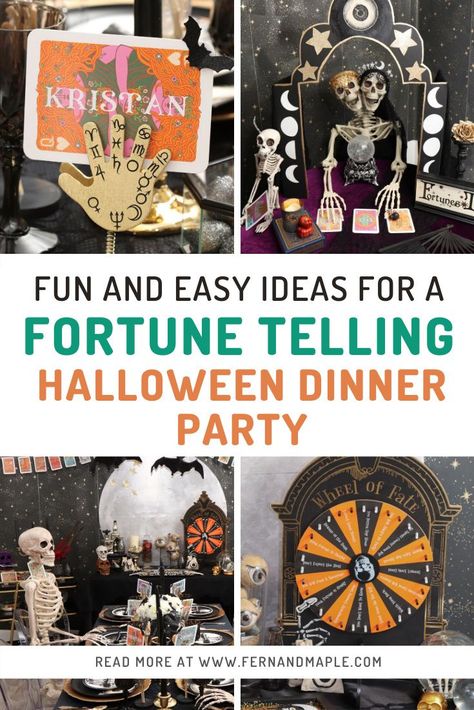 Host a Fortune Telling Halloween Dinner Party complete with DIY fortune-teller booth, tarot place cards, and a ouija-inspired serving tray! Get all the details at fernandmaple.com! Fortune Teller Decor Halloween Party, Fortune Teller Game Ideas, Seance Theme Party, Fortune Telling Party Ideas, Tarot Card Halloween Decor, Fortune Teller Halloween Scene, Tarot Card Theme Party, Fortune Teller Props Diy, Halloween Psychic Decor