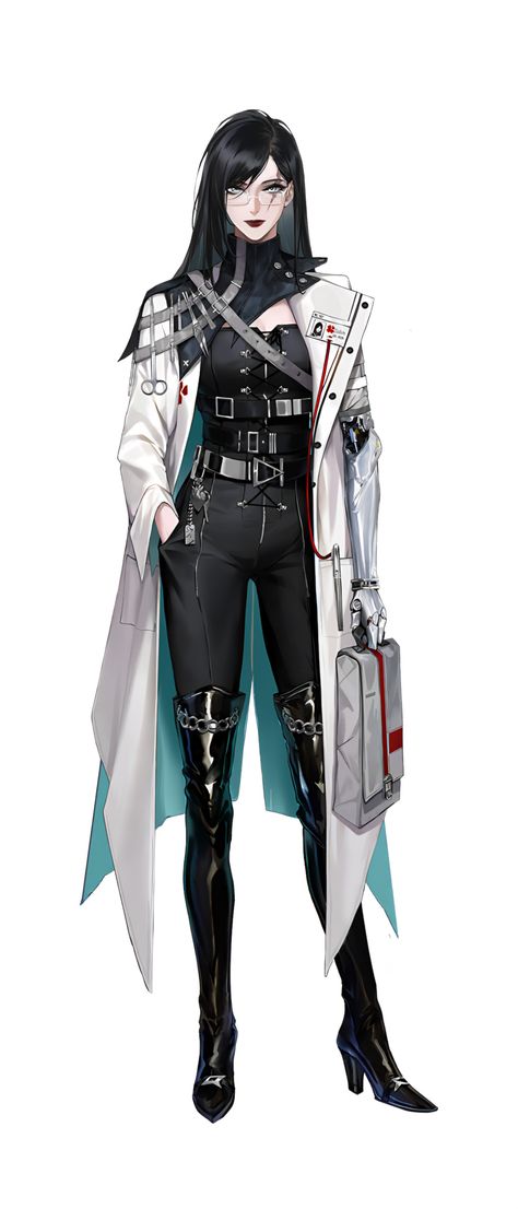 Anime Doctor Woman Art, Female Doctor Character Art, Female Suit Art, Female Character Design Cyberpunk, Fantasy Doctor Outfit, Iron Path To Nowhere, Female Oc Outfits, Tech Suit Concept Art, Female Spy Character Design