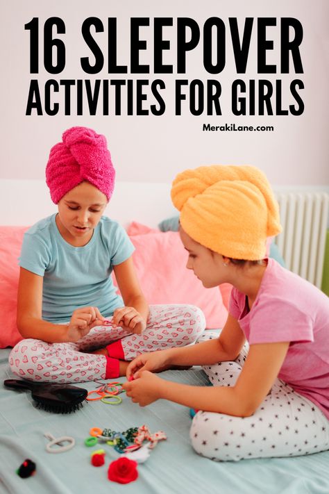 16 Simple Sleepover Ideas for Girls | If your daughter is having a sleepover with one or several friends, it's important to be prepared with games and activities to keep everyone happy and entertained. In this post, we share 16 ideas to inspire you, including a mix of indoor crafts, outdoor activities, and places you can visit to add a little excitement to the experience. Perfect for birthday parties, these ideas are easy to setup and super fun, ensuring a positive slumber party for everyone! Disney Sleepover Ideas, Girls Sleep Over Birthday Party Ideas, Sleepover Party Ideas For Girls Kids, Girls Slumber Party Activities, Diy Slumber Party Ideas, Sleep Over Activities For Girls Fun, Simple Sleepover Ideas, Birthday Sleepover Party Ideas, Sleepover Crafts For Girls Diy