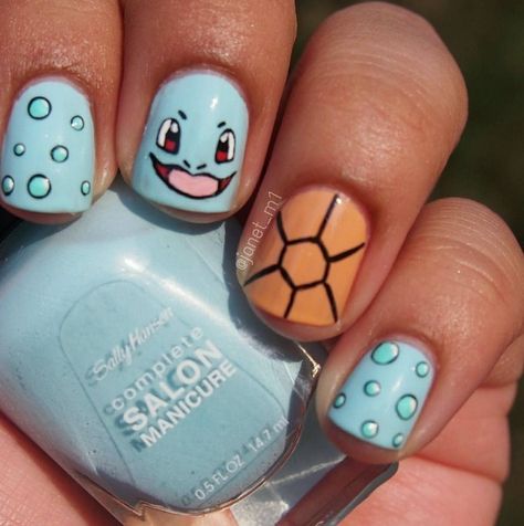 We have Janet Mendoza to thank for Squirtle's goofy expression in this colorful… Pokemon Nail Art, Pikachu Nails, Pokemon Nails, Anime Nails, Nails For Kids, Disney Nails, Kawaii Nails, Cute Nail Art, Nail Art Inspiration