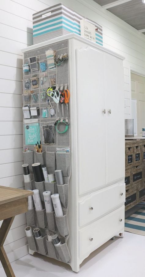 Craft Storage for home office with over the door closet organizer. Office In A Small Space, Over The Door Storage, Ikea 2015, Small Craft Rooms, Apartment Storage, Dream Craft Room, Craft Room Design, Sewing Room Organization, غرفة ملابس