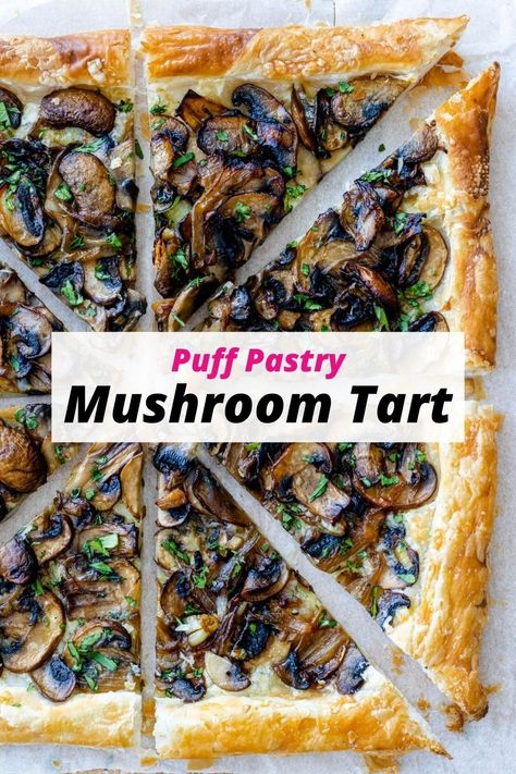 This Mushroom Tart is a crispy puff pastry, topped with sautéed mushrooms on a cheesy base. Easy to make in less than 30 minutes! Mushroom Pastry, Puff Pastry Recipes Dinner, Spinach Tart, Puff Pastry Recipes Savory, Spinach Puff Pastry, Spinach Puff, Mushroom Tart, Vegan Tarts, Mushrooms And Spinach