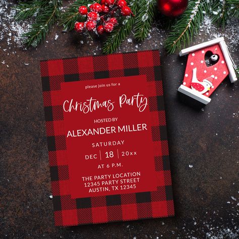 Flannel Christmas Party, Plaid Christmas Party, Christmas Party Invites, Christmas Birthday Invitations, Christmas Party Host, Flannel Christmas, Buffalo Plaid Flannel, Red Buffalo Plaid, Christmas Party Invitation